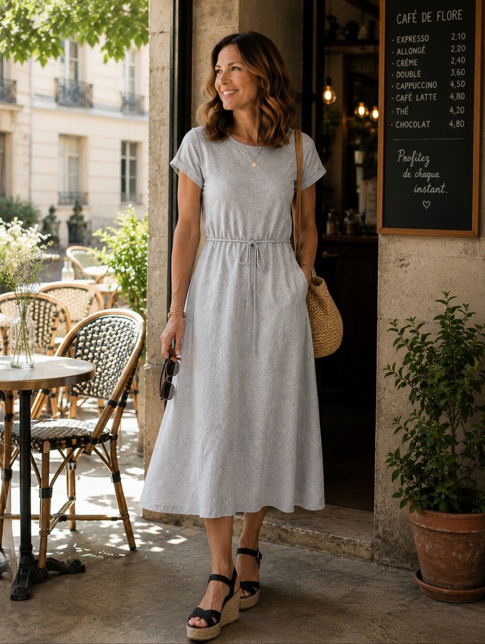 Short-Sleeve Midi Dress 100% Linen Light Gray